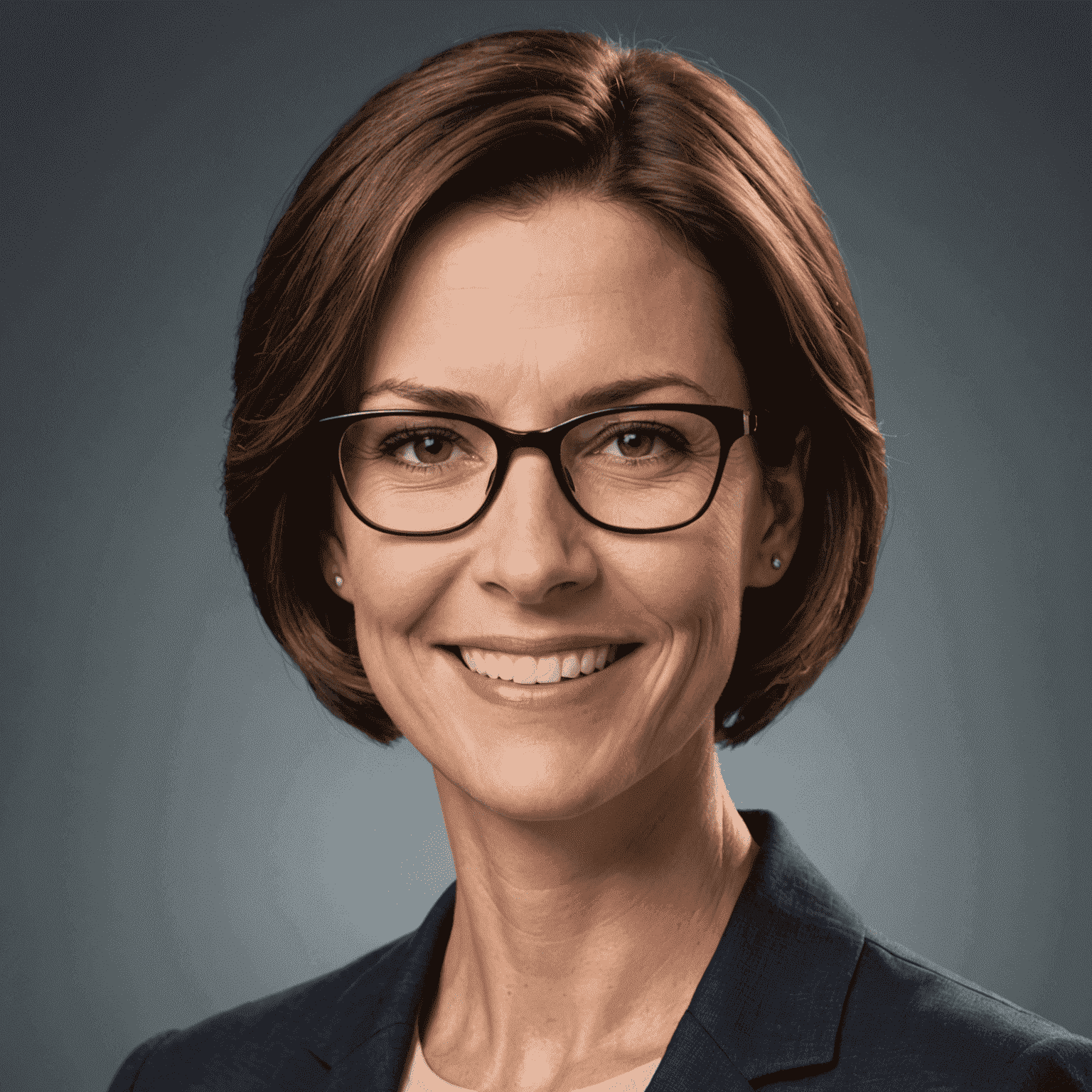 Portrait of Jane Smith, a woman in her mid-30s with short brown hair and glasses, smiling confidently in a professional setting