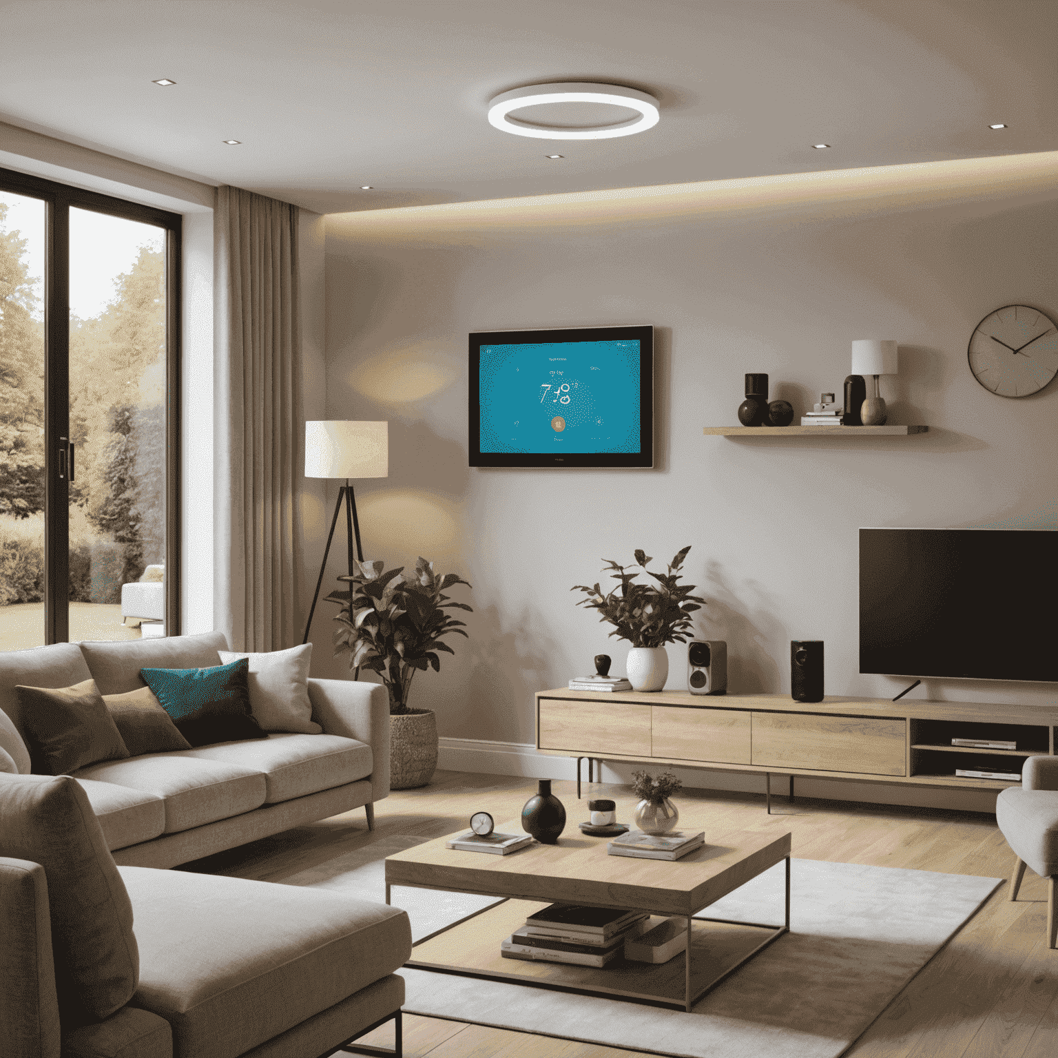 A modern British living room with various smart home devices integrated seamlessly, including a smart thermostat, voice-controlled lighting, and a central hub display