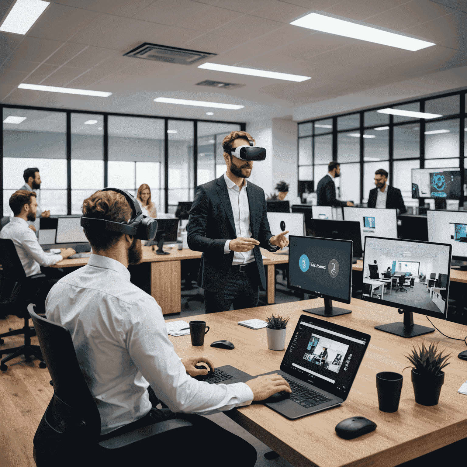 Modern UK office space with employees using various advanced technologies, including touchscreen displays, virtual reality headsets, and AI-powered assistants