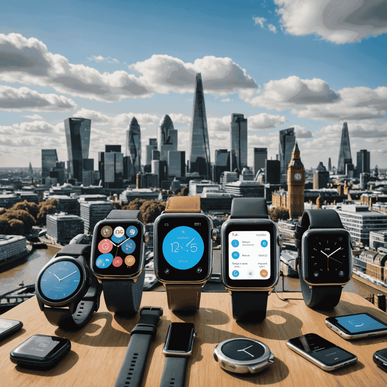 A collage of various time-saving tech gadgets and apps, including smartwatches, productivity apps, and smart home devices, arranged neatly against a backdrop of London's skyline