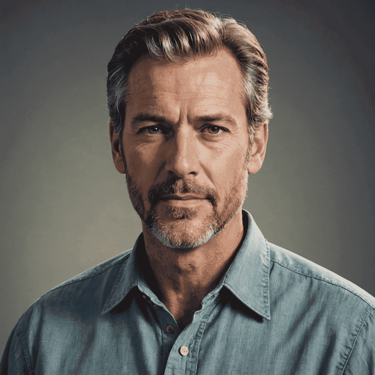 Portrait of John Davis, a man in his late 40s with salt-and-pepper hair, wearing a casual button-up shirt, looking approachable and knowledgeable