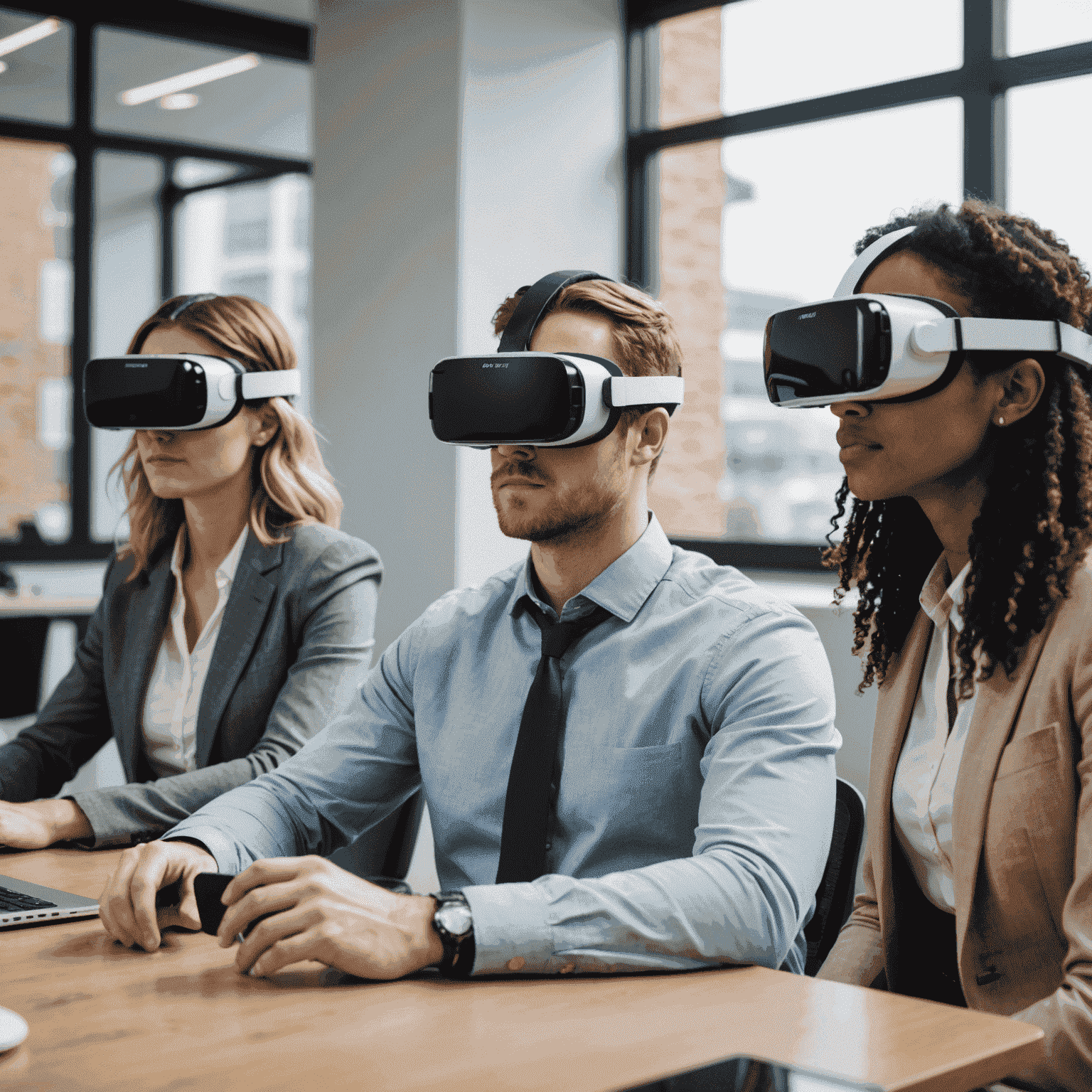 UK office workers using VR headsets for a virtual meeting, showcasing remote collaboration capabilities