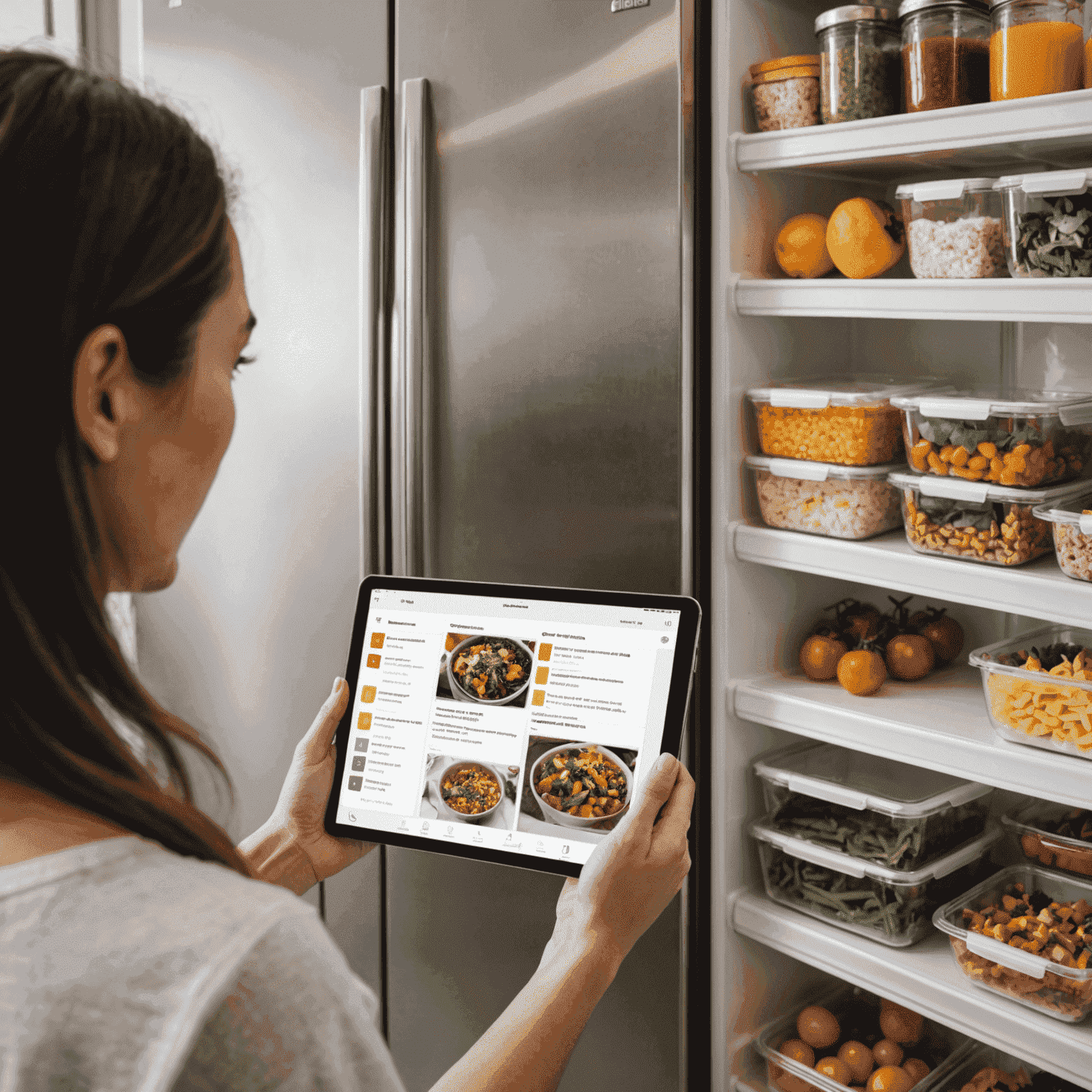 A split-screen image showing a person using a meal planning app on a tablet, juxtaposed with a neatly organized refrigerator filled with pre-prepped meals